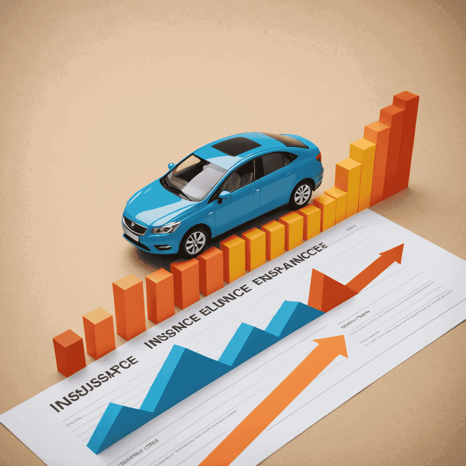 Een grafiek die stijgende lijnen toont, symboliserend de nieuwste trends in autoverzekeringen, met pictogrammen van auto's en polisdocumenten