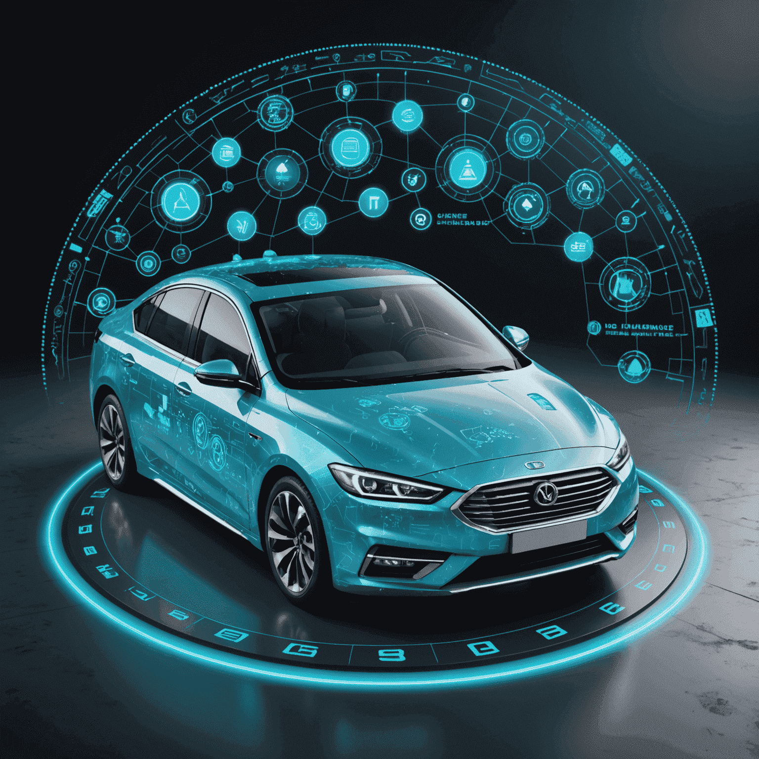 Een moderne auto met een digitaal scherm dat verzekeringsgegevens toont, omringd door holografische symbolen die technologische vooruitgang in de autoverzekeringsindustrie vertegenwoordigen