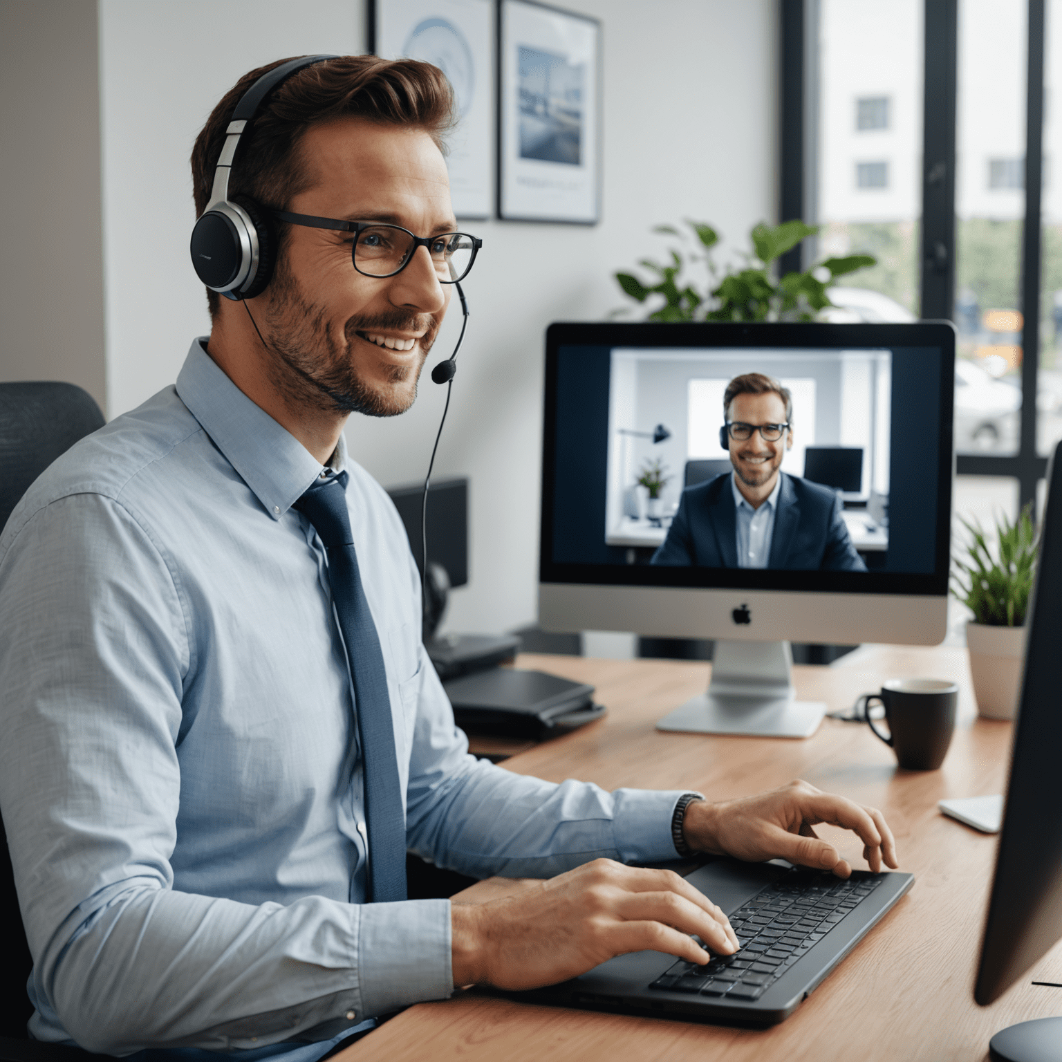 Een vriendelijke verzekeringsexpert die een videogesprek voert met een klant. De expert zit achter een bureau met een computer en draagt een headset. Op het scherm is de klant zichtbaar.