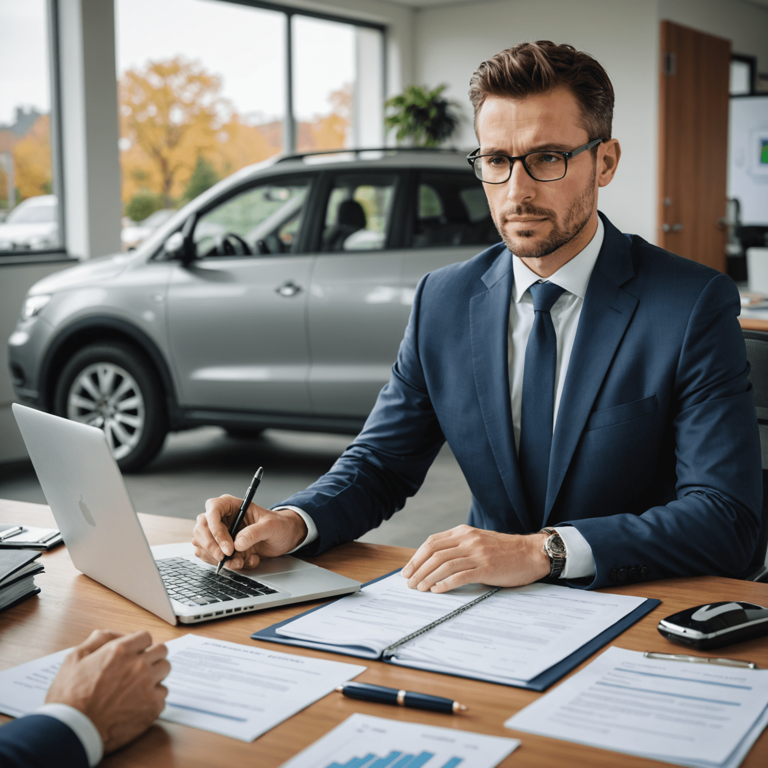 Een expert die een autoverzekeringspolis bestudeert, met een laptop en verschillende documenten op tafel. De expert draagt een professioneel pak en heeft een vriendelijke uitstraling.