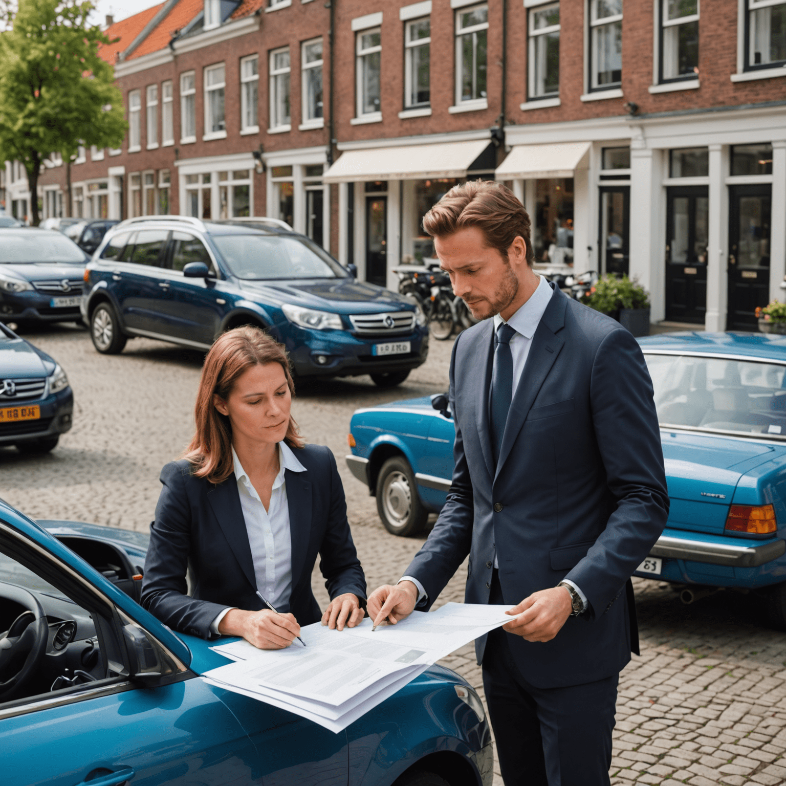 Een Nederlandse straat met geparkeerde auto's en een verzekeringsagent die een document uitlegt aan een autoeigenaar