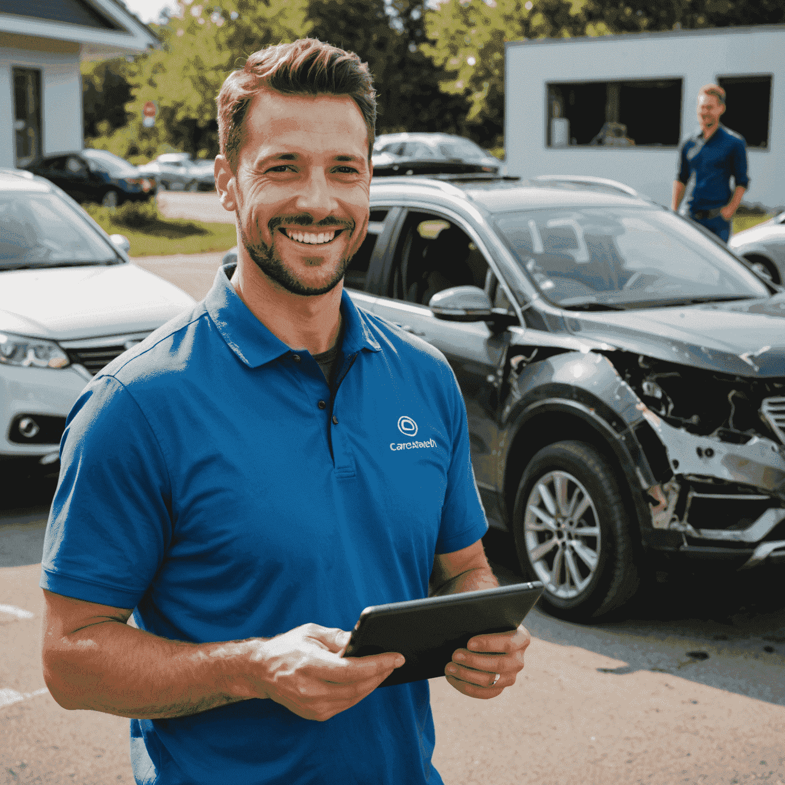 Een tevreden klant die glimlacht terwijl hij via een tablet een videogesprek voert met een CarShieldPro-expert. Op de achtergrond is een beschadigde auto zichtbaar.